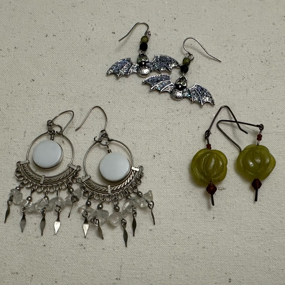 Silver and White Bohemian Charm Earrings with two other earrings, bats, flowers